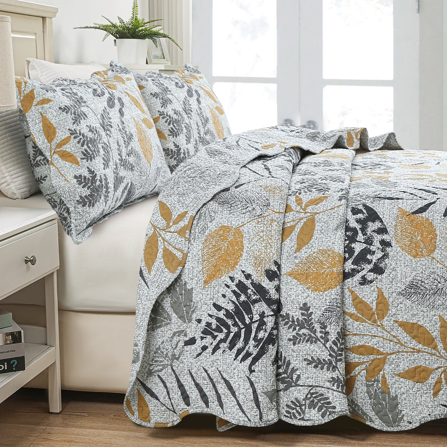 Printed Embossed Pinsonic Soft Bedding Summer Quilt Set, Modern Grey Yellow Leaves