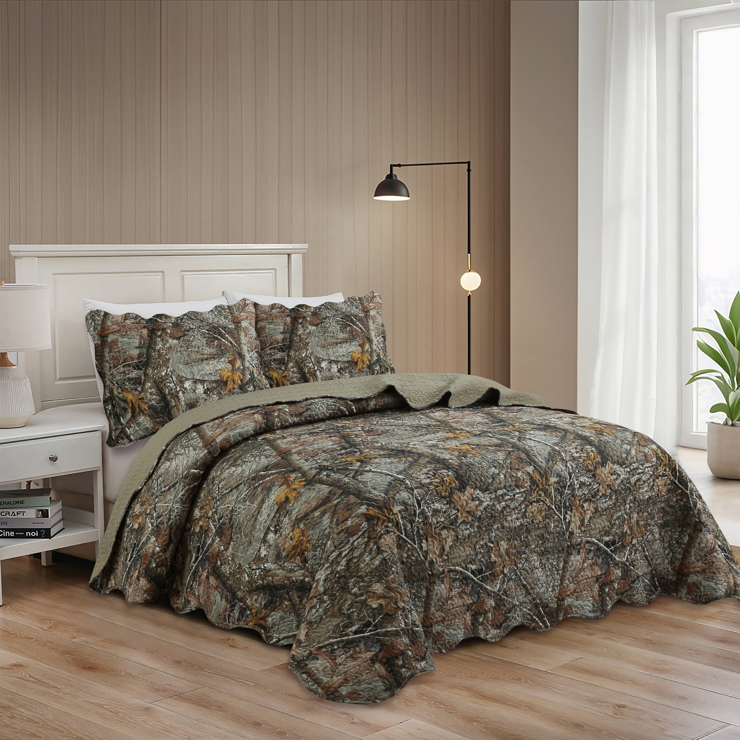 Printed Embossed Pinsonic Soft Bedding Summer Quilt Set, Rustic Woodland Camouflage