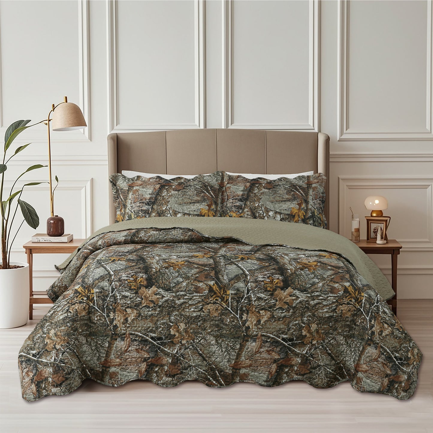 Printed Embossed Pinsonic Soft Bedding Summer Quilt Set, Rustic Woodland Camouflage