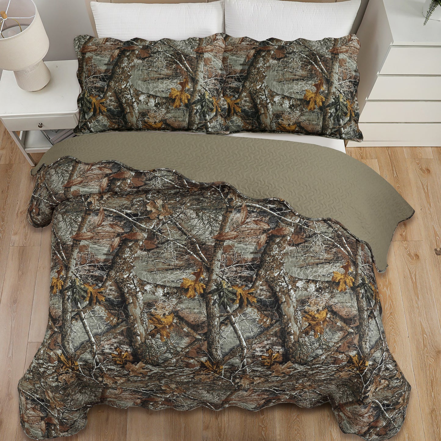 Printed Embossed Pinsonic Soft Bedding Summer Quilt Set, Rustic Woodland Camouflage