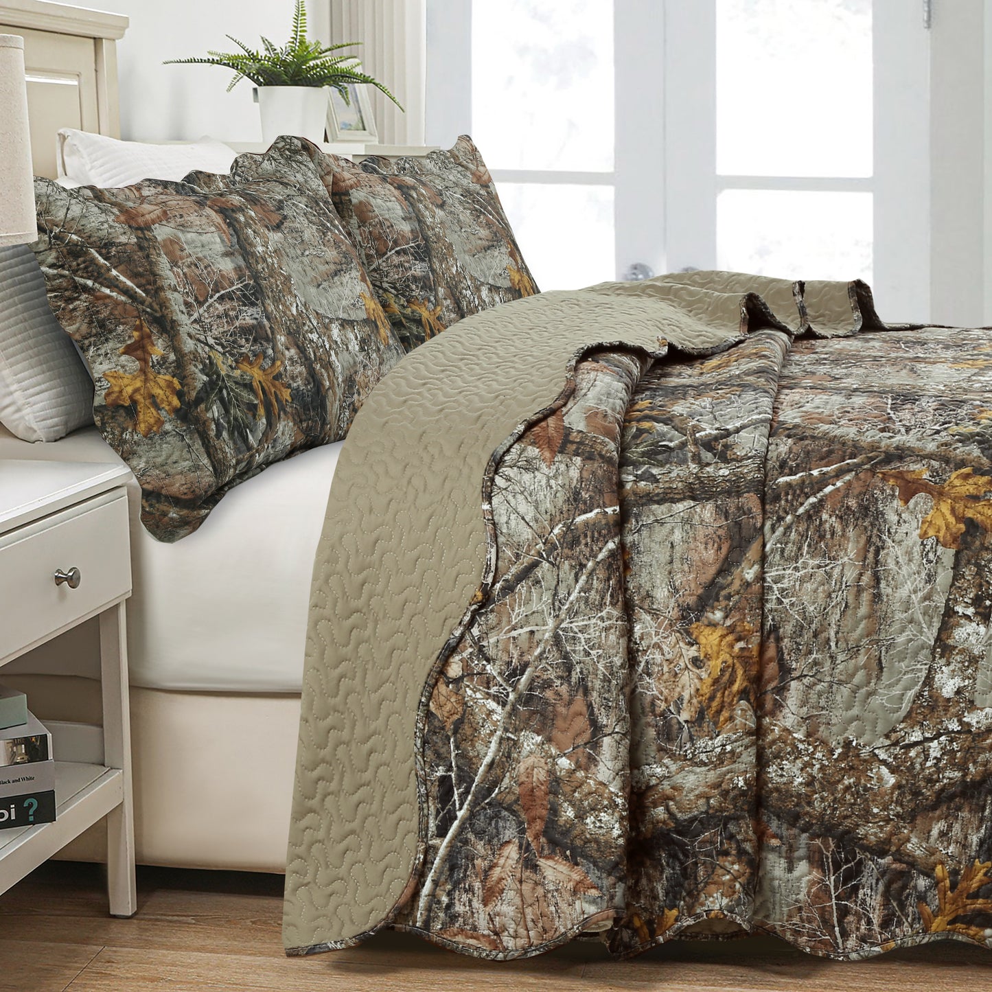 Printed Embossed Pinsonic Soft Bedding Summer Quilt Set, Rustic Woodland Camouflage