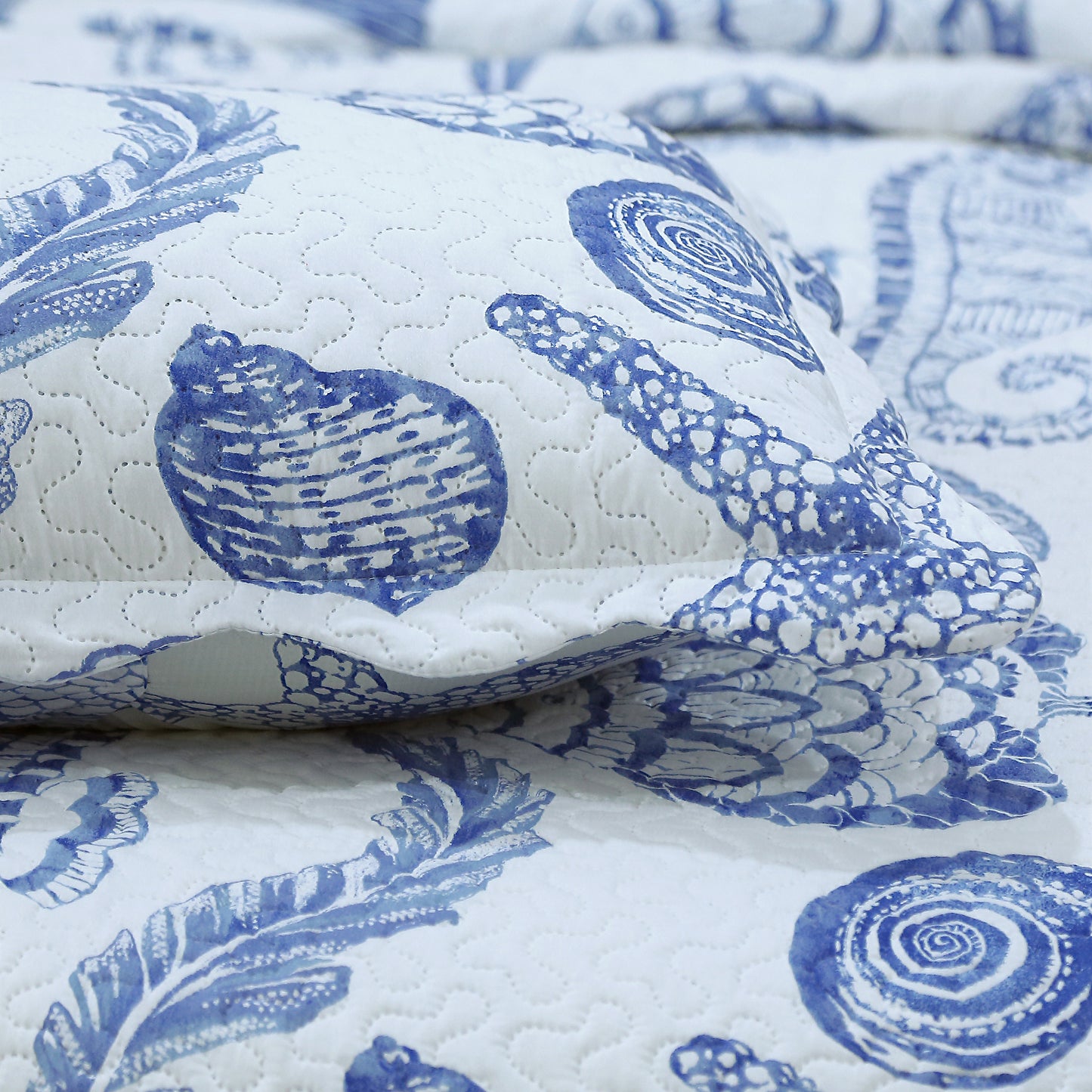 Printed Embossed Pinsonic Soft Bedding Summer Quilt Set, Blue Ocean Seashell Starfish