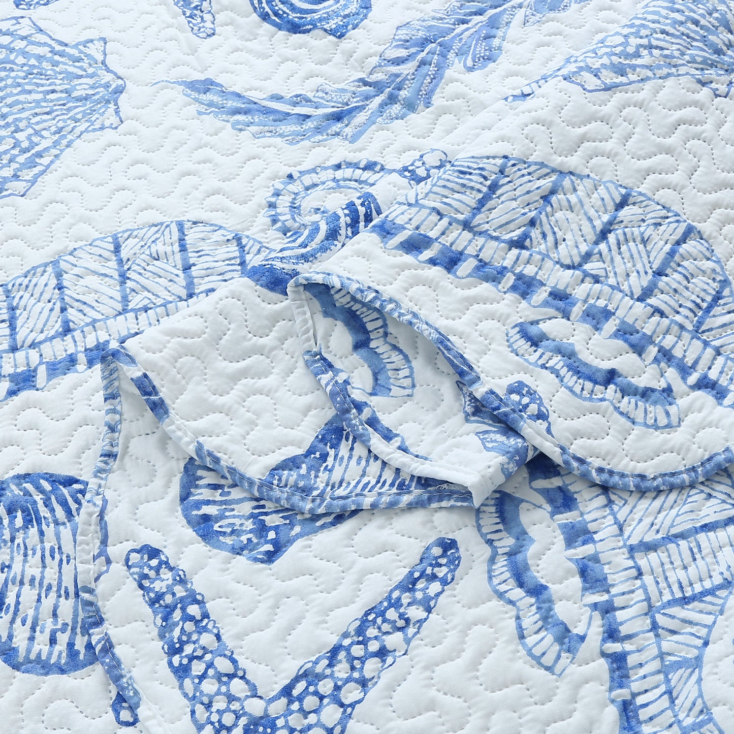 Printed Embossed Pinsonic Soft Bedding Summer Quilt Set, Blue Ocean Seashell Starfish