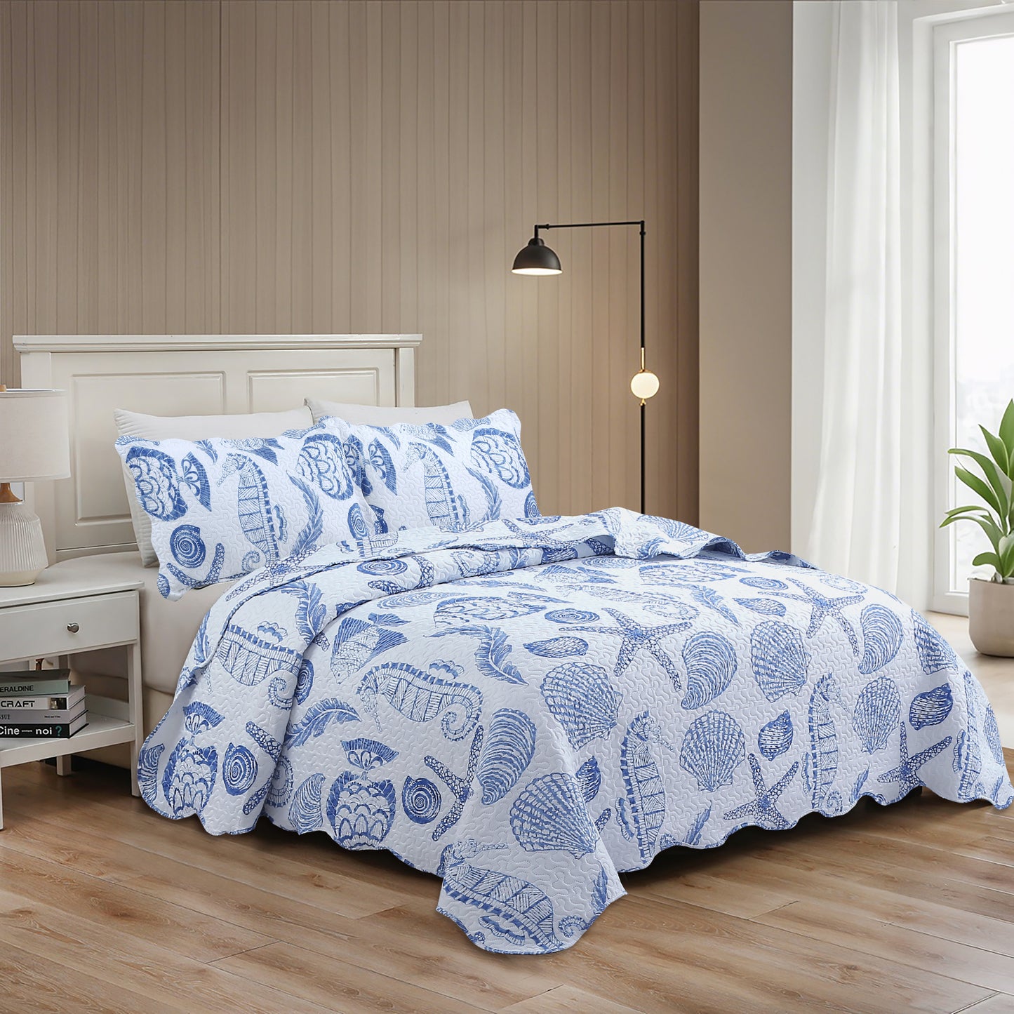 Printed Embossed Pinsonic Soft Bedding Summer Quilt Set, Blue Ocean Seashell Starfish