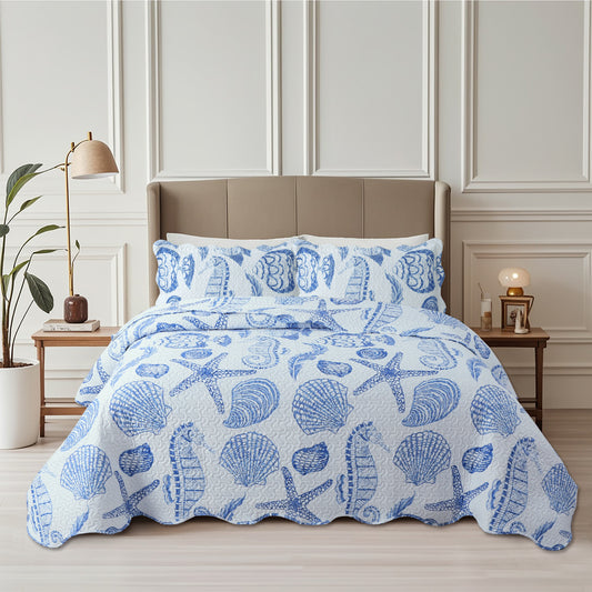 Printed Embossed Pinsonic Soft Bedding Summer Quilt Set, Blue Ocean Seashell Starfish