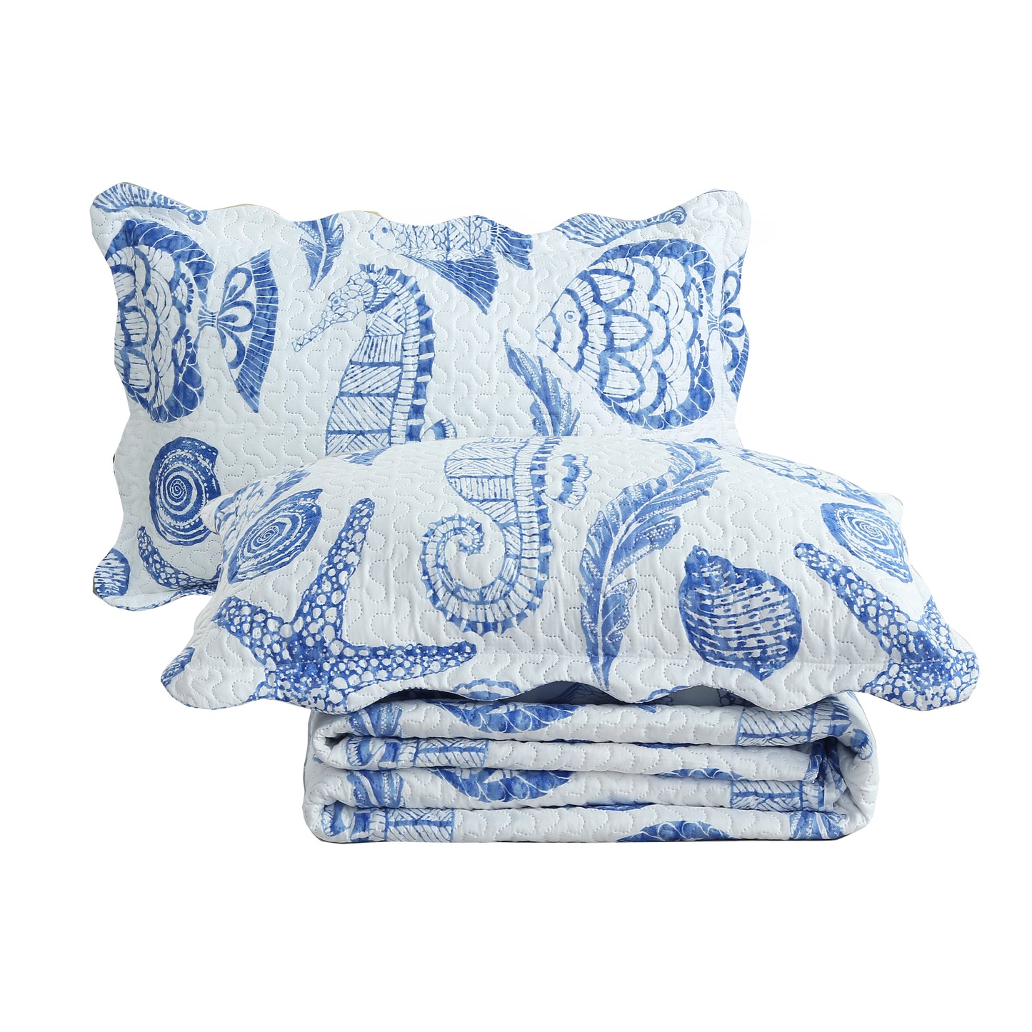 Printed Embossed Pinsonic Soft Bedding Summer Quilt Set, Blue Ocean Seashell Starfish