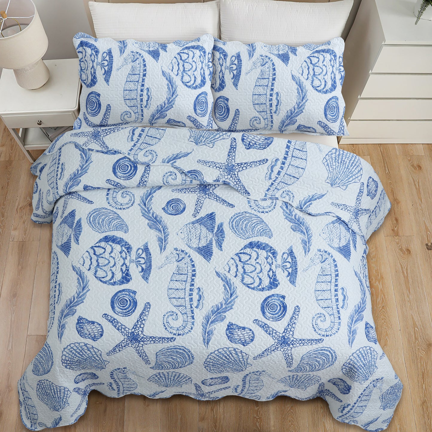 Printed Embossed Pinsonic Soft Bedding Summer Quilt Set, Blue Ocean Seashell Starfish
