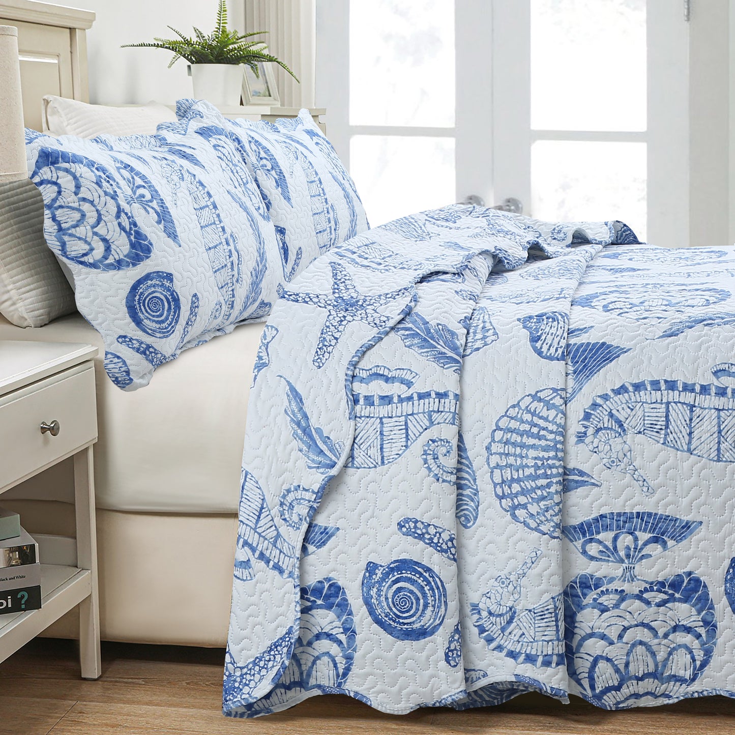 Printed Embossed Pinsonic Soft Bedding Summer Quilt Set, Blue Ocean Seashell Starfish
