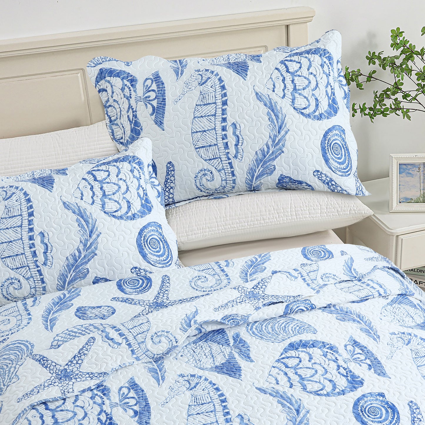 Printed Embossed Pinsonic Soft Bedding Summer Quilt Set, Blue Ocean Seashell Starfish