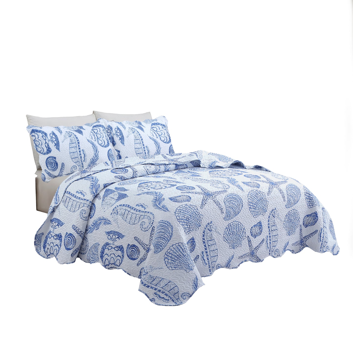 Printed Embossed Pinsonic Soft Bedding Summer Quilt Set, Blue Ocean Seashell Starfish