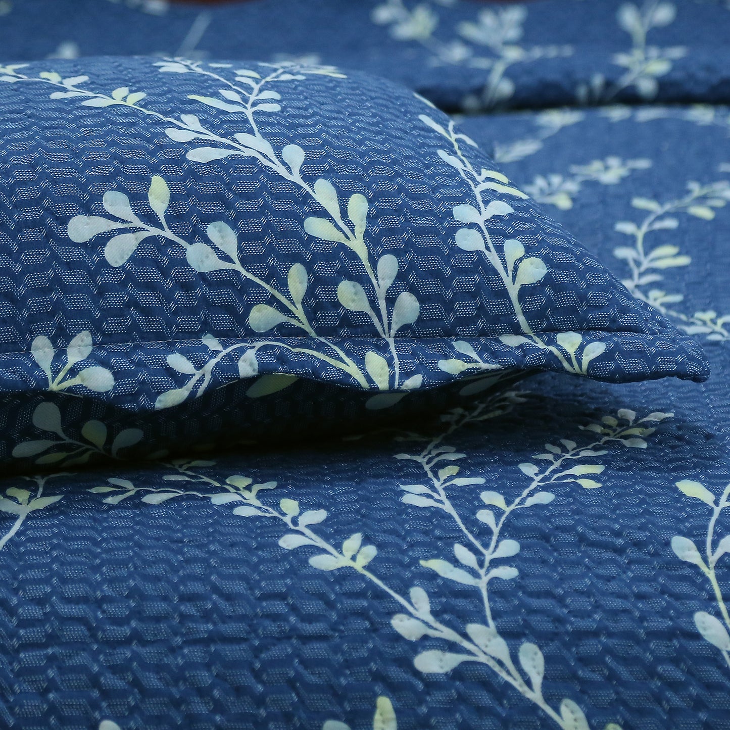 Printed Embossed Pinsonic Soft Bedding Summer Quilt Set, Vine Leaves Branches Denim Blue