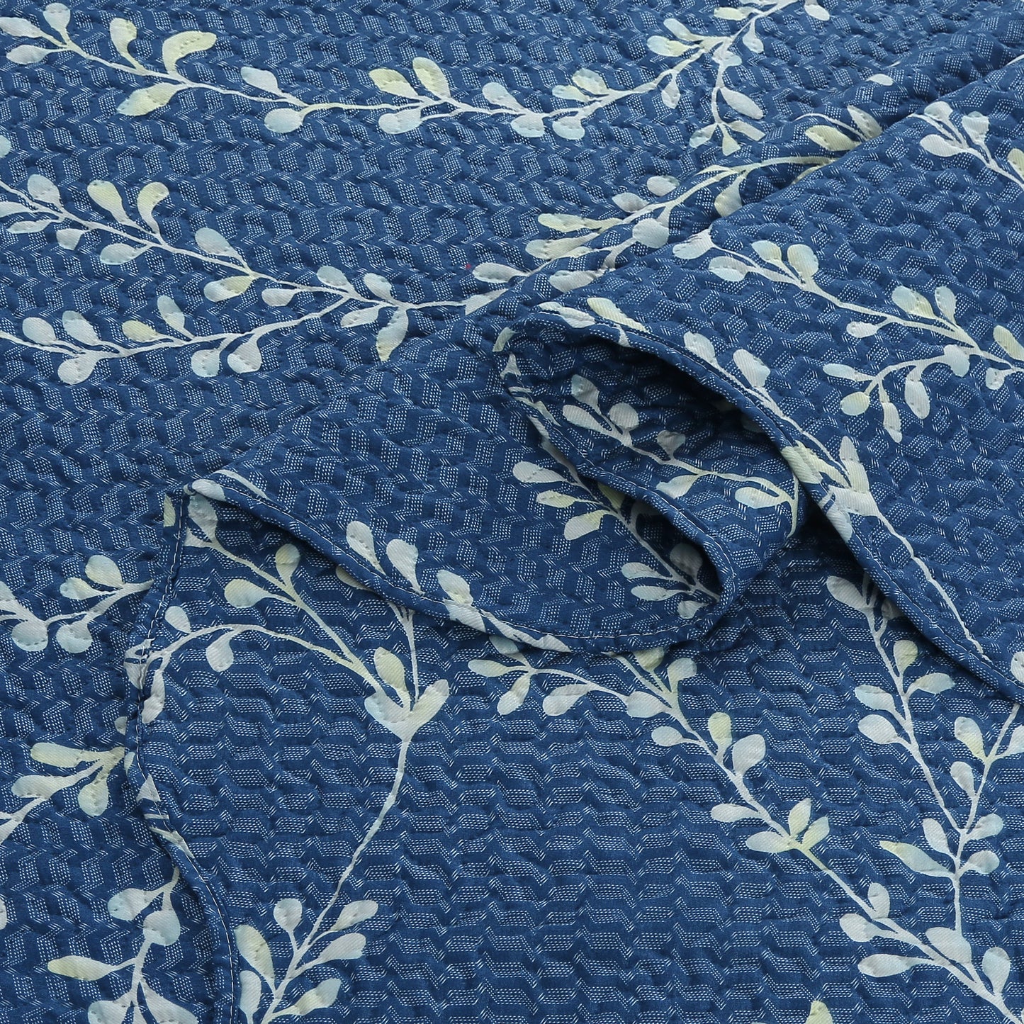 Printed Embossed Pinsonic Soft Bedding Summer Quilt Set, Vine Leaves Branches Denim Blue