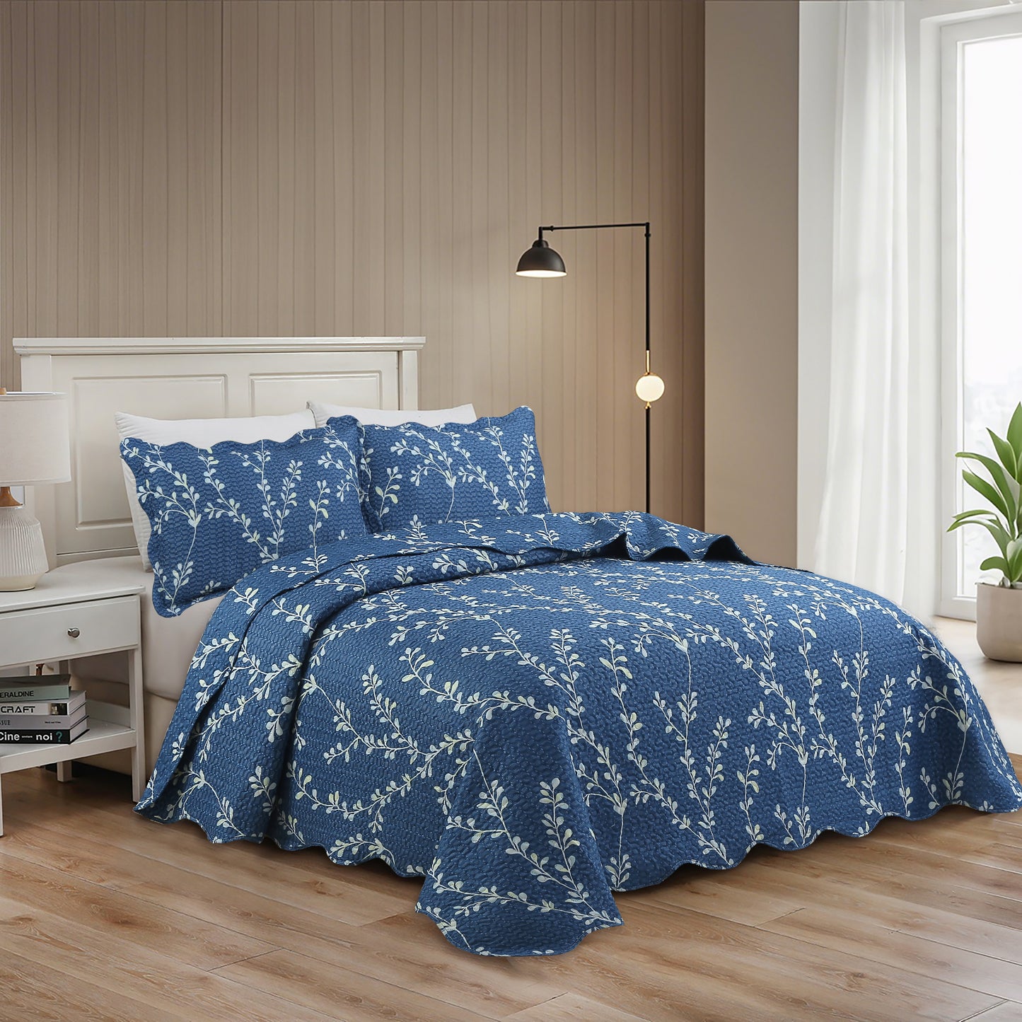 Printed Embossed Pinsonic Soft Bedding Summer Quilt Set, Vine Leaves Branches Denim Blue