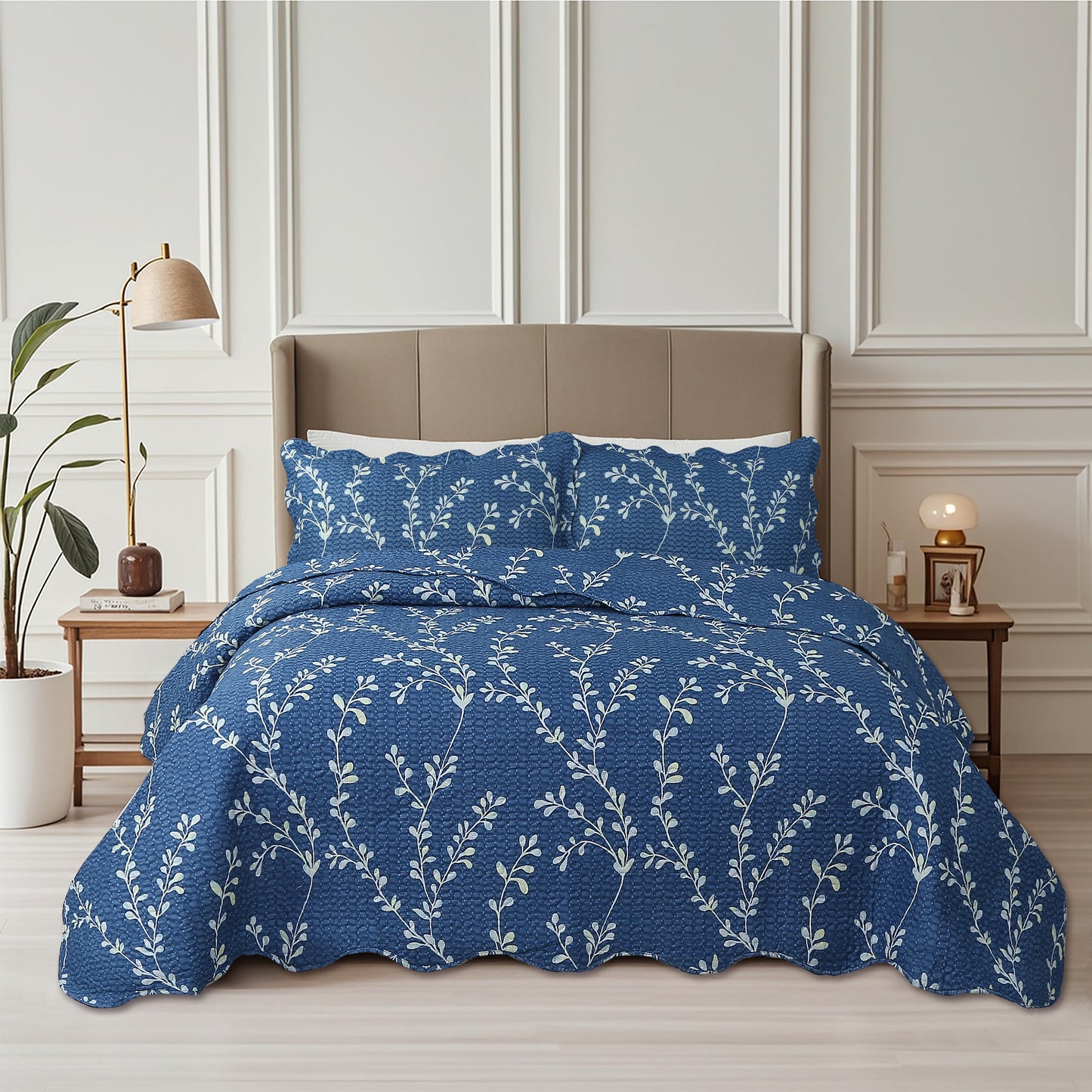 Printed Embossed Pinsonic Soft Bedding Summer Quilt Set, Vine Leaves Branches Denim Blue