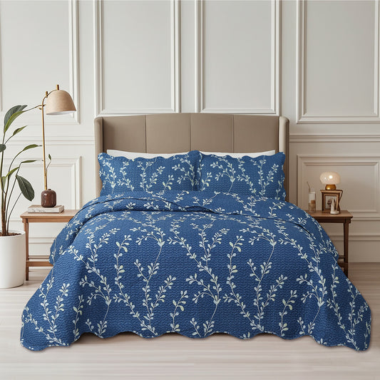 Printed Embossed Pinsonic Soft Bedding Summer Quilt Set, Vine Leaves Branches Denim Blue