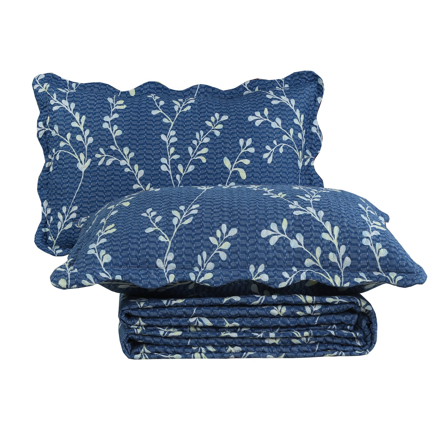 Printed Embossed Pinsonic Soft Bedding Summer Quilt Set, Vine Leaves Branches Denim Blue