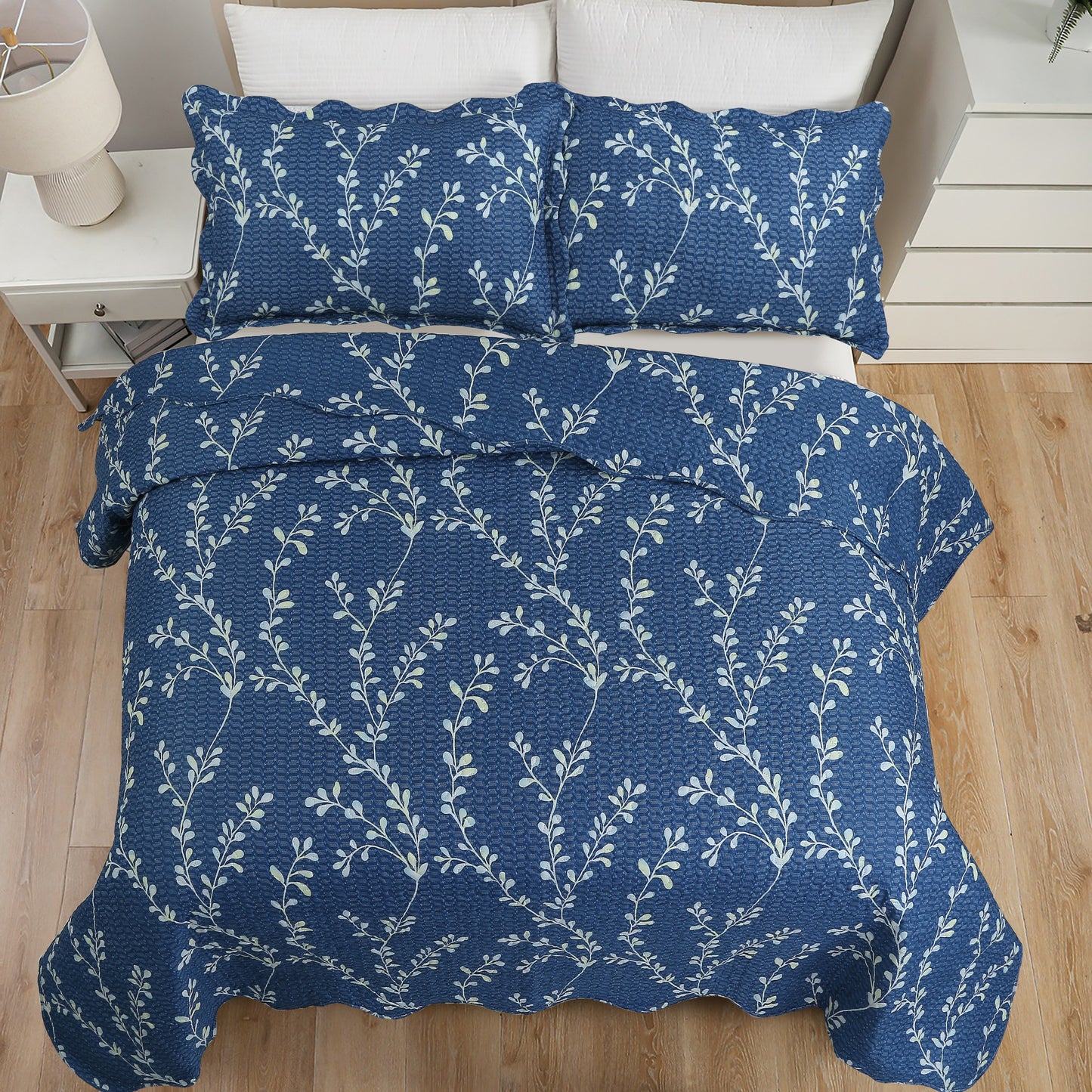 Printed Embossed Pinsonic Soft Bedding Summer Quilt Set, Vine Leaves Branches Denim Blue
