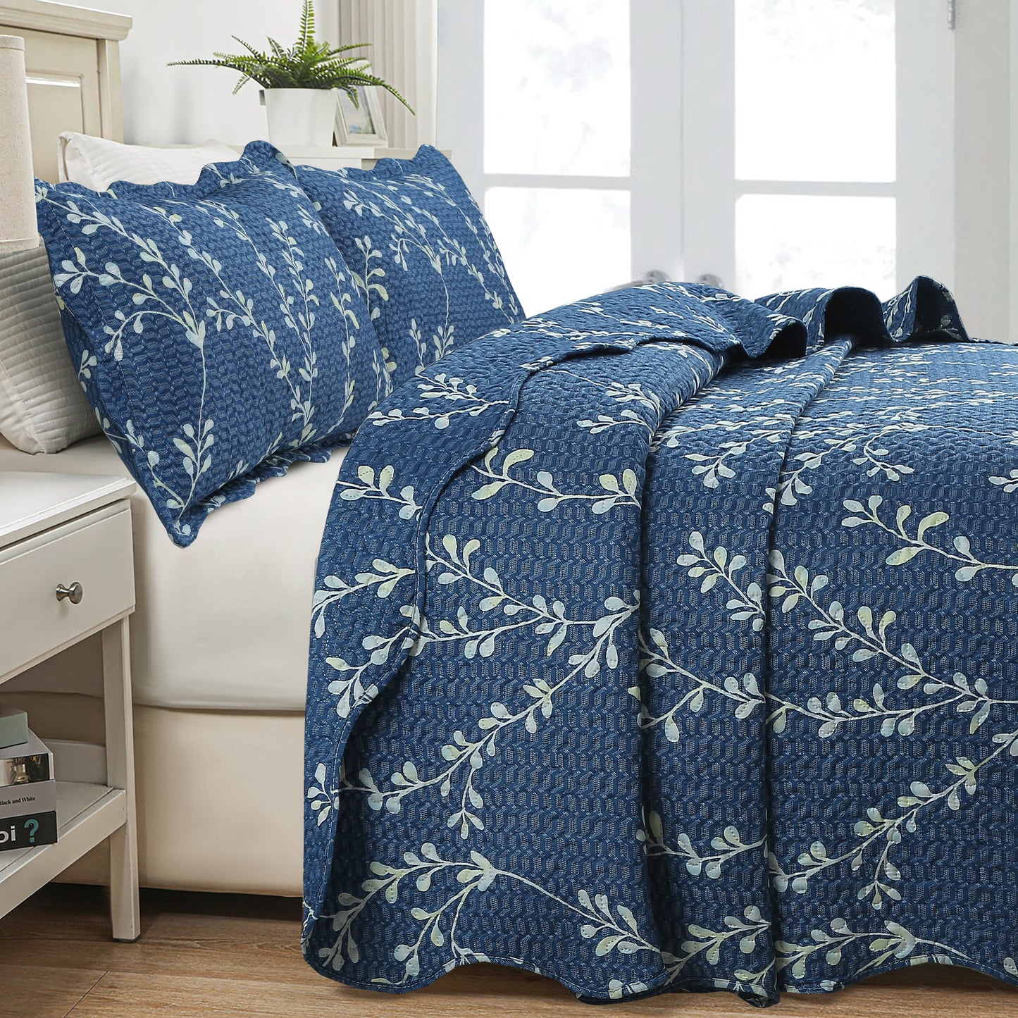 Printed Embossed Pinsonic Soft Bedding Summer Quilt Set, Vine Leaves Branches Denim Blue