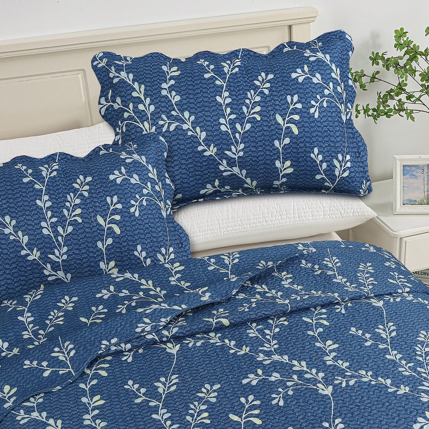 Printed Embossed Pinsonic Soft Bedding Summer Quilt Set, Vine Leaves Branches Denim Blue