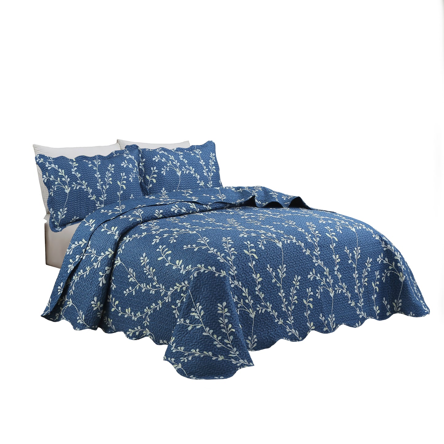 Printed Embossed Pinsonic Soft Bedding Summer Quilt Set, Vine Leaves Branches Denim Blue