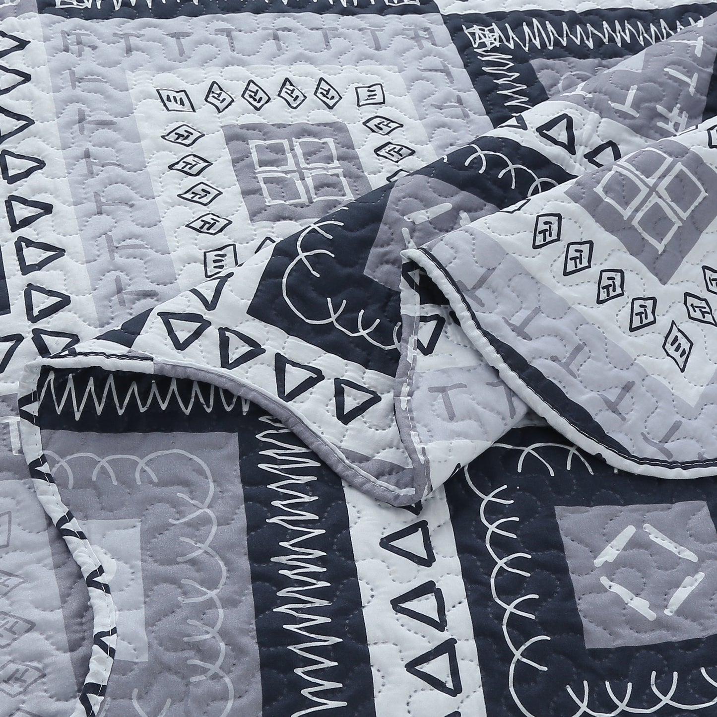 Printed Embossed Pinsonic Soft Bedding Summer Quilt Set, Modern Grey Patchwork Geometric