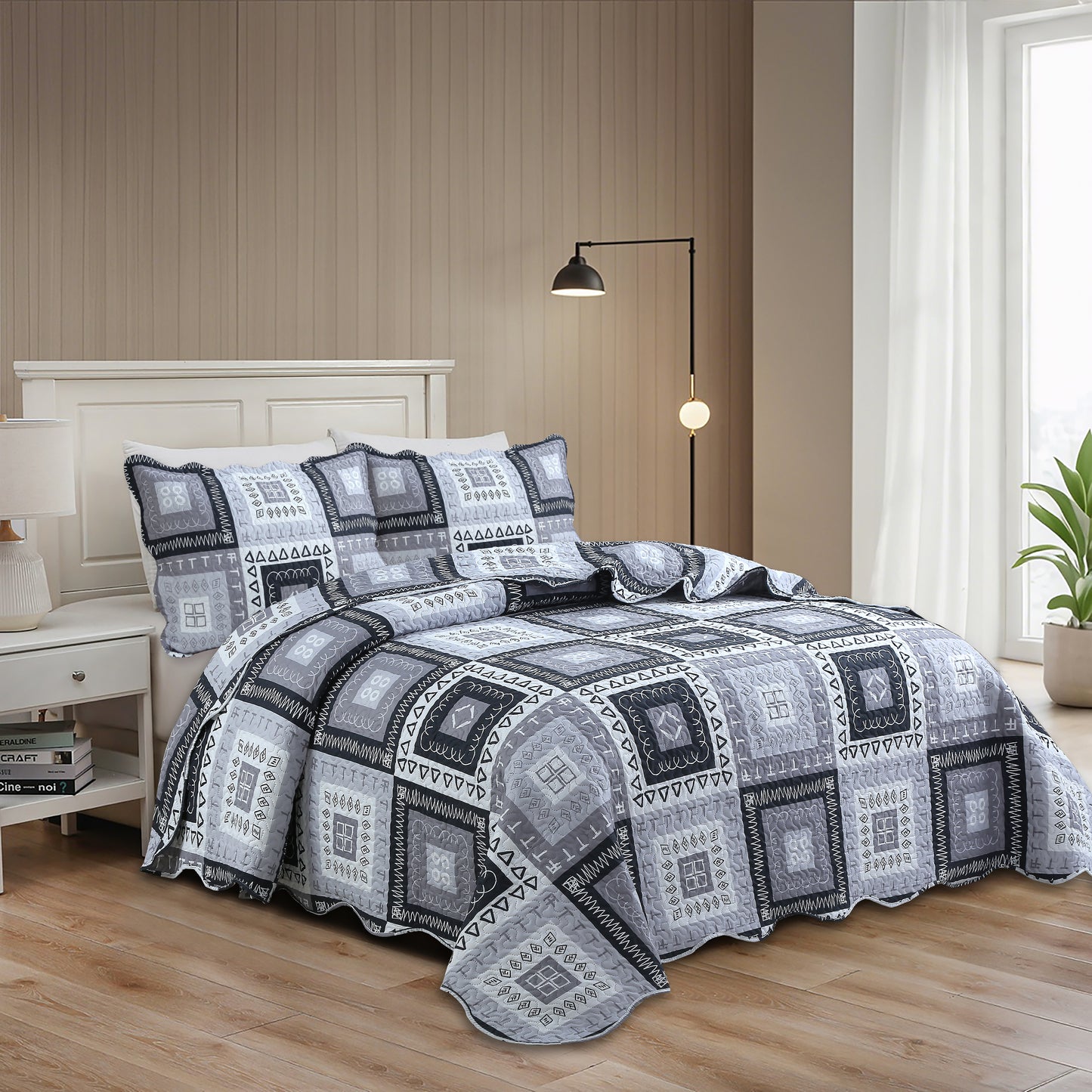 Printed Embossed Pinsonic Soft Bedding Summer Quilt Set, Modern Grey Patchwork Geometric