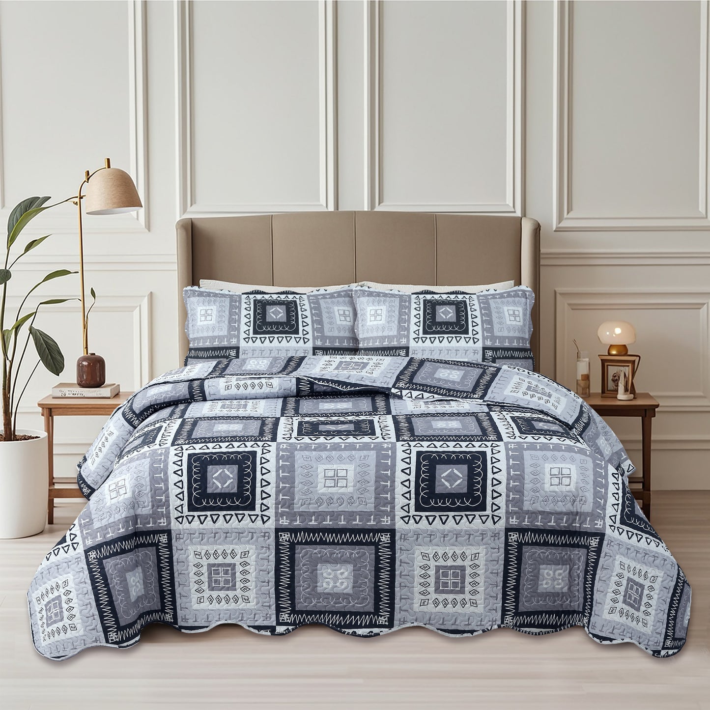 Printed Embossed Pinsonic Soft Bedding Summer Quilt Set, Modern Grey Patchwork Geometric