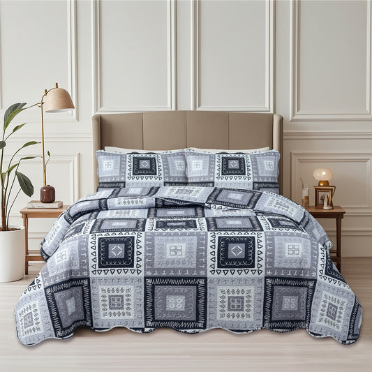Printed Embossed Pinsonic Soft Bedding Summer Quilt Set, Modern Grey Patchwork Geometric