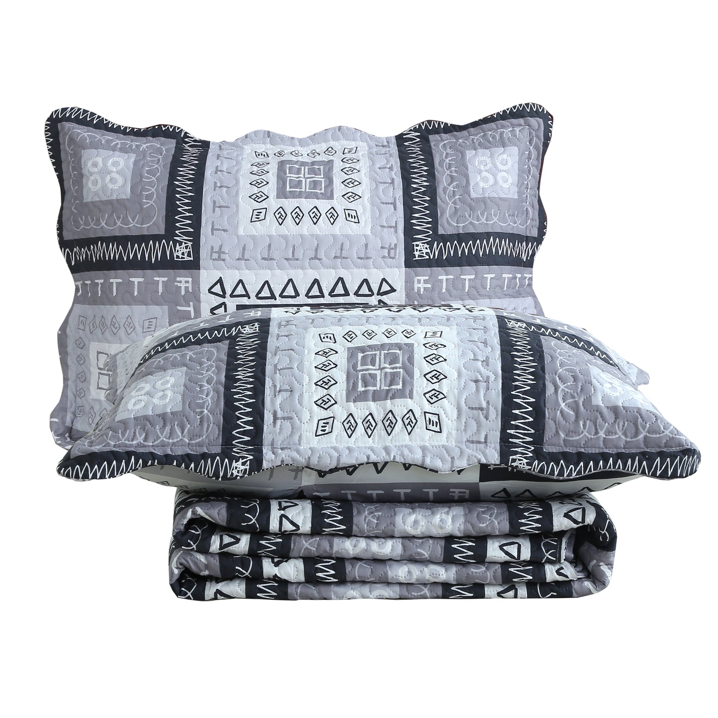 Printed Embossed Pinsonic Soft Bedding Summer Quilt Set, Modern Grey Patchwork Geometric