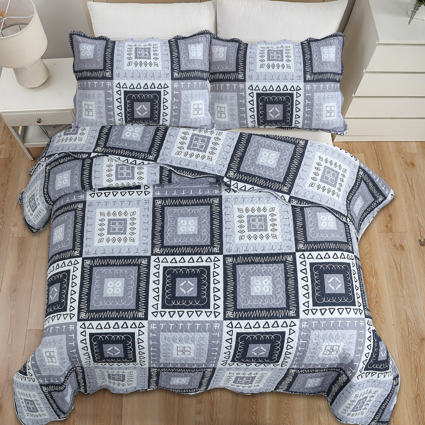 Printed Embossed Pinsonic Soft Bedding Summer Quilt Set, Modern Grey Patchwork Geometric