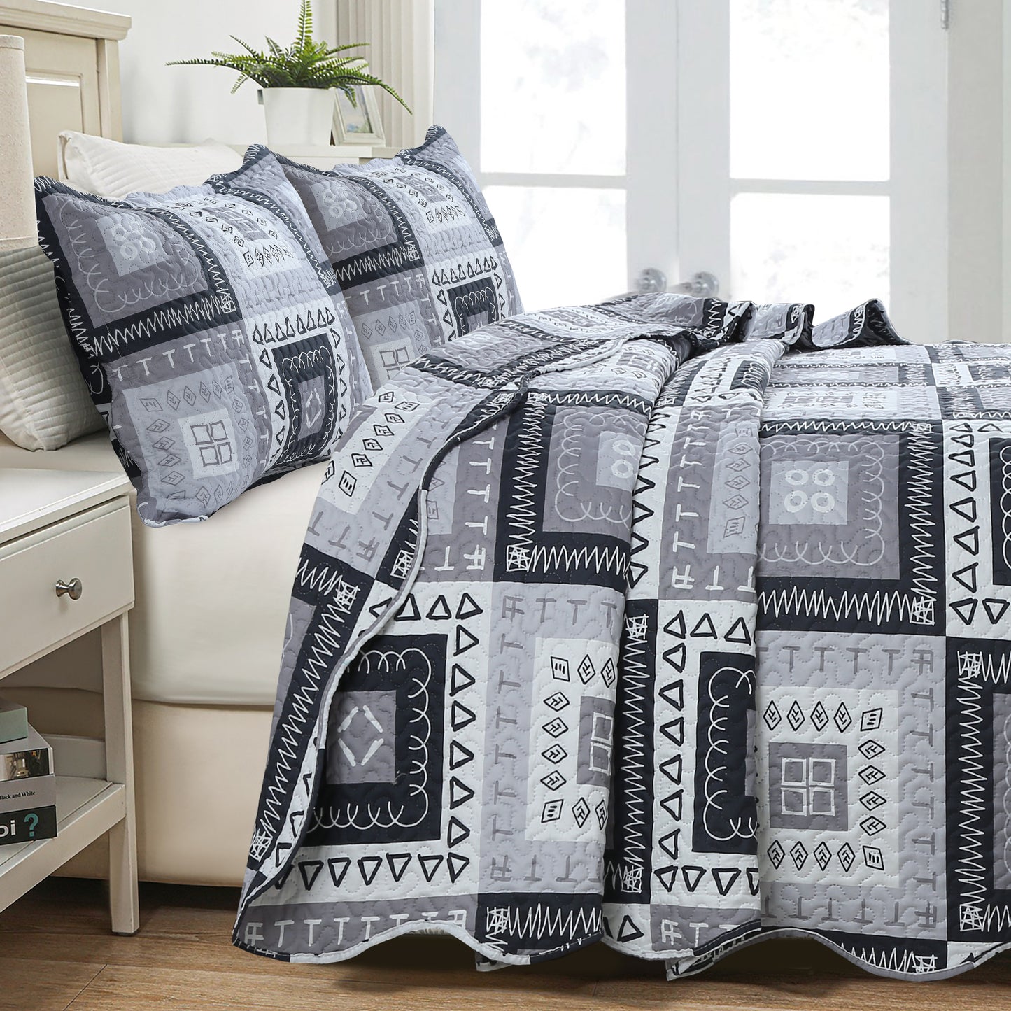 Printed Embossed Pinsonic Soft Bedding Summer Quilt Set, Modern Grey Patchwork Geometric