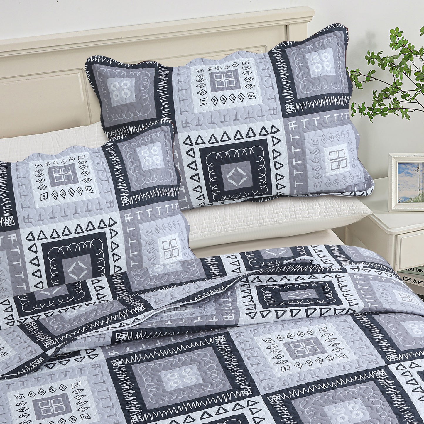 Printed Embossed Pinsonic Soft Bedding Summer Quilt Set, Modern Grey Patchwork Geometric
