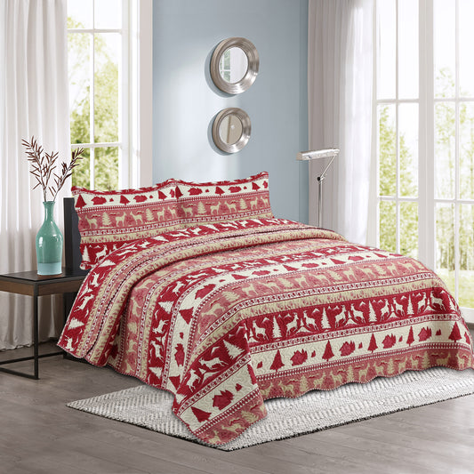 Printed Embossed Pinsonic Soft Bedding Summer Quilt Set, Cabin Red Goat