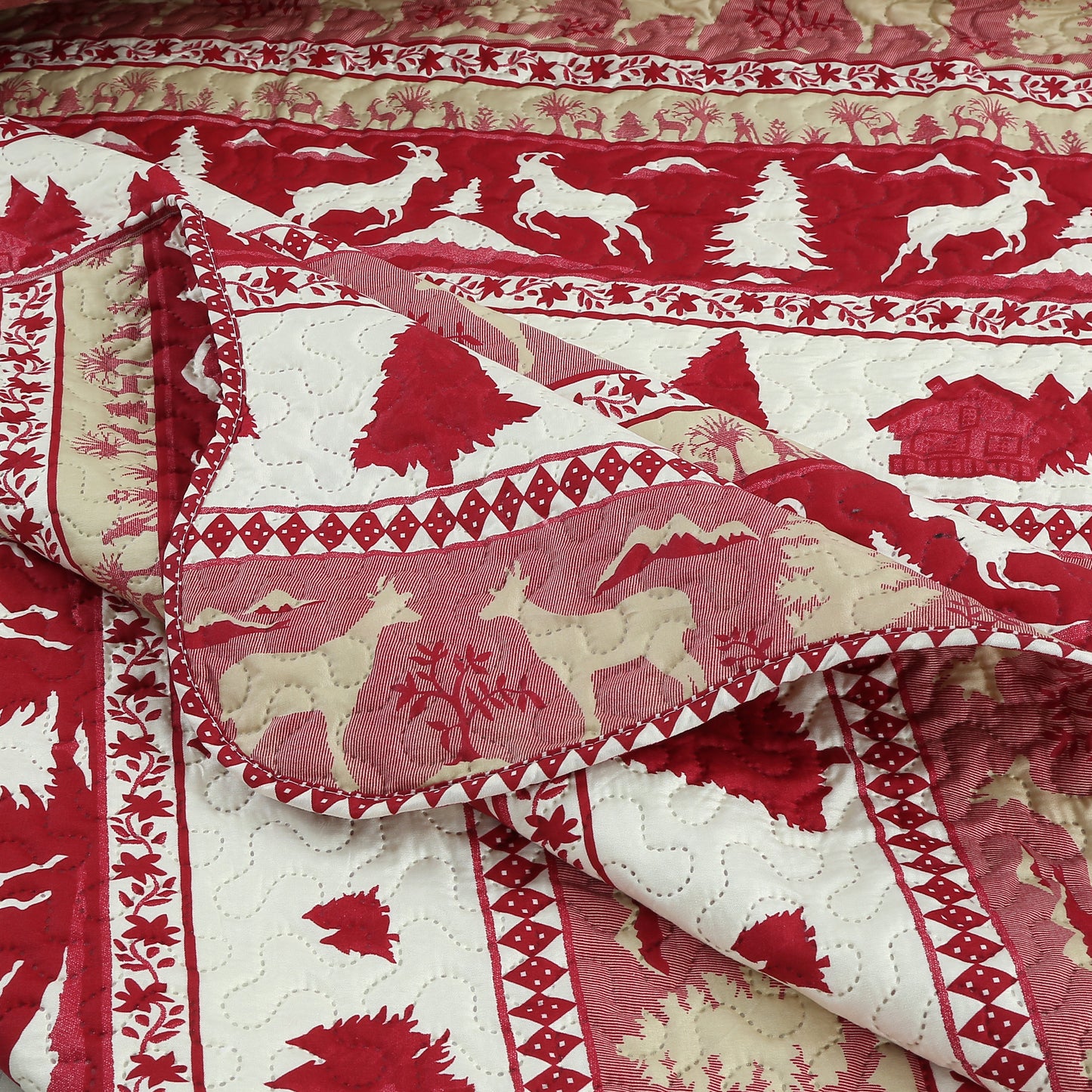 Printed Embossed Pinsonic Soft Bedding Summer Quilt Set, Cabin Red Goat