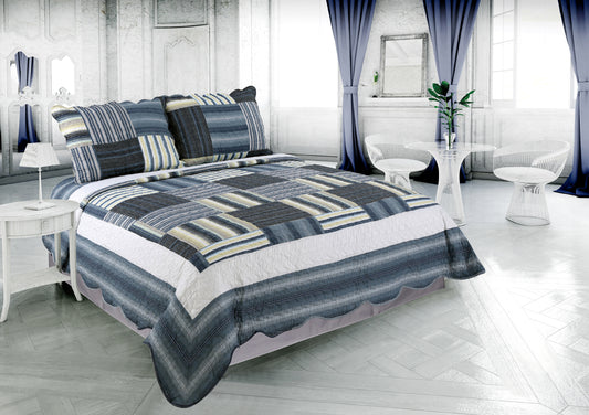 Printed Stitching Coverlet Bedspread Soft Bedding Summer Quilt Set, Navy Blue Plaid