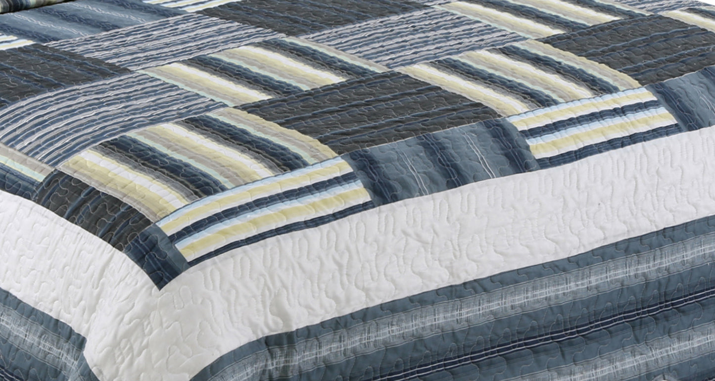 Printed Stitching Coverlet Bedspread Soft Bedding Summer Quilt Set, Navy Blue Plaid