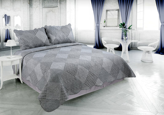 Printed Stitching Coverlet Bedspread Soft Bedding Summer Quilt Set, Grey Grid and Stripes Plaid
