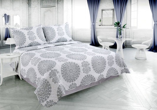 Printed Stitching Coverlet Bedspread Soft Bedding Summer Quilt Set, Grey Floral Mandala