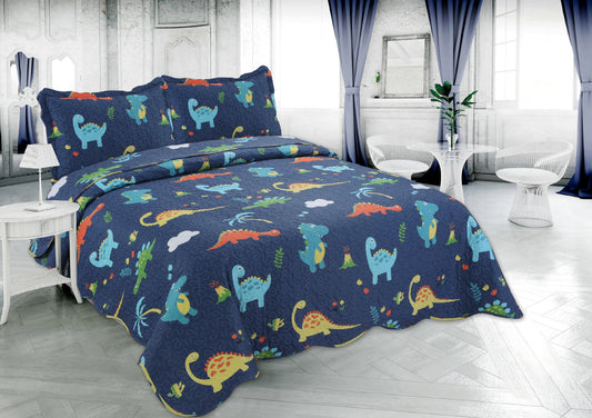 Printed Stitching Coverlet Bedspread Soft Bedding Summer Quilt Set, Dinosaur Zoo with Navy Blue