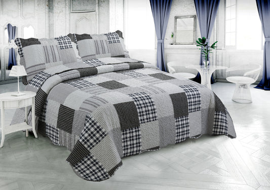 Printed Stitching Coverlet Bedspread Soft Bedding Summer Quilt Set, Modern Grey Plaid