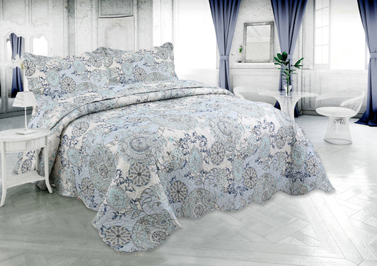 Printed Stitching Coverlet Bedspread Soft Bedding Summer Quilt Set, Blue Mandala Floral