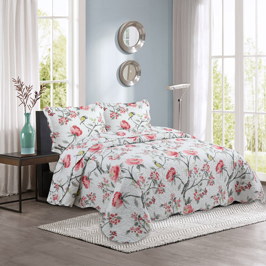 Printed Stitching Coverlet Bedspread Soft Bedding Summer Quilt Set, Pink Floral and Birds Pattern