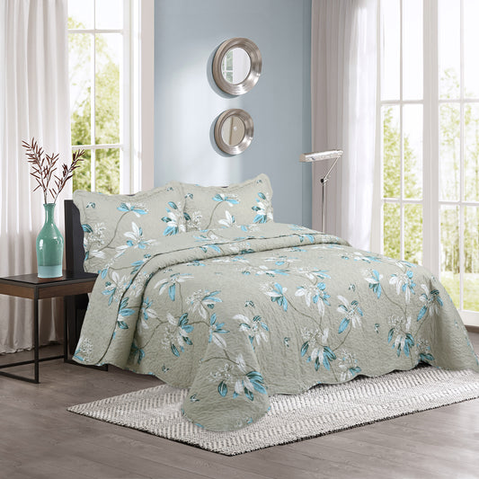 Printed Stitching Coverlet Bedspread Soft Bedding Summer Quilt Set, Modern Floral Taupe Pattern