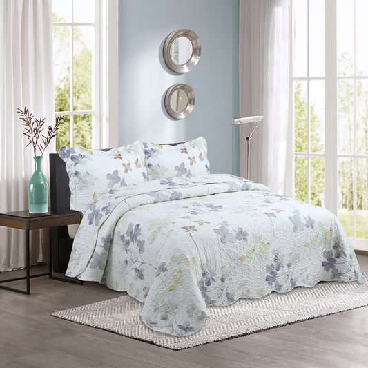Printed Stitching Coverlet Bedspread Soft Bedding Summer Quilt Set, Modern Inkwash Colorful Floral