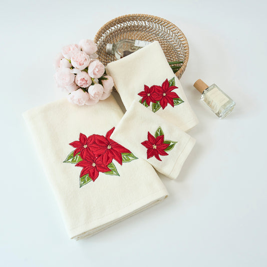 Premium Luxury Xmas Decor Soft 100% Cotton Embroidered Bathroom Christmas 3 Piece Towel Set, Red Poinsettia Flower