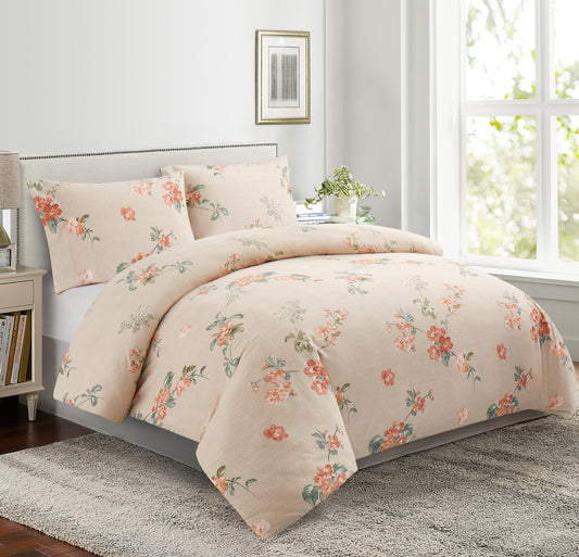 Printed Rayon from Bamboo Soft All Season Duvet Cover Fitted Sheet Ensemble Bedding Set with Zipper and Corner Tie, Peach Floral Taupe