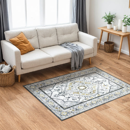 Decor Non-Slip Back Soft Runner Area Carpet Floor Area Rug Indoor Accent Decorative Mat, Modern Grey Yellow Floral