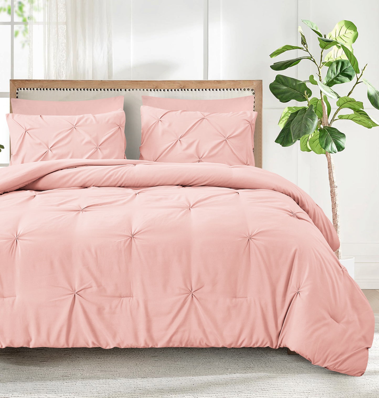 Pintuck Soft Luxury Fluffy Goose Down Alternative Solid Geometric Tufted Bedding Pinch Pleated Comforter Set, Pink Color
