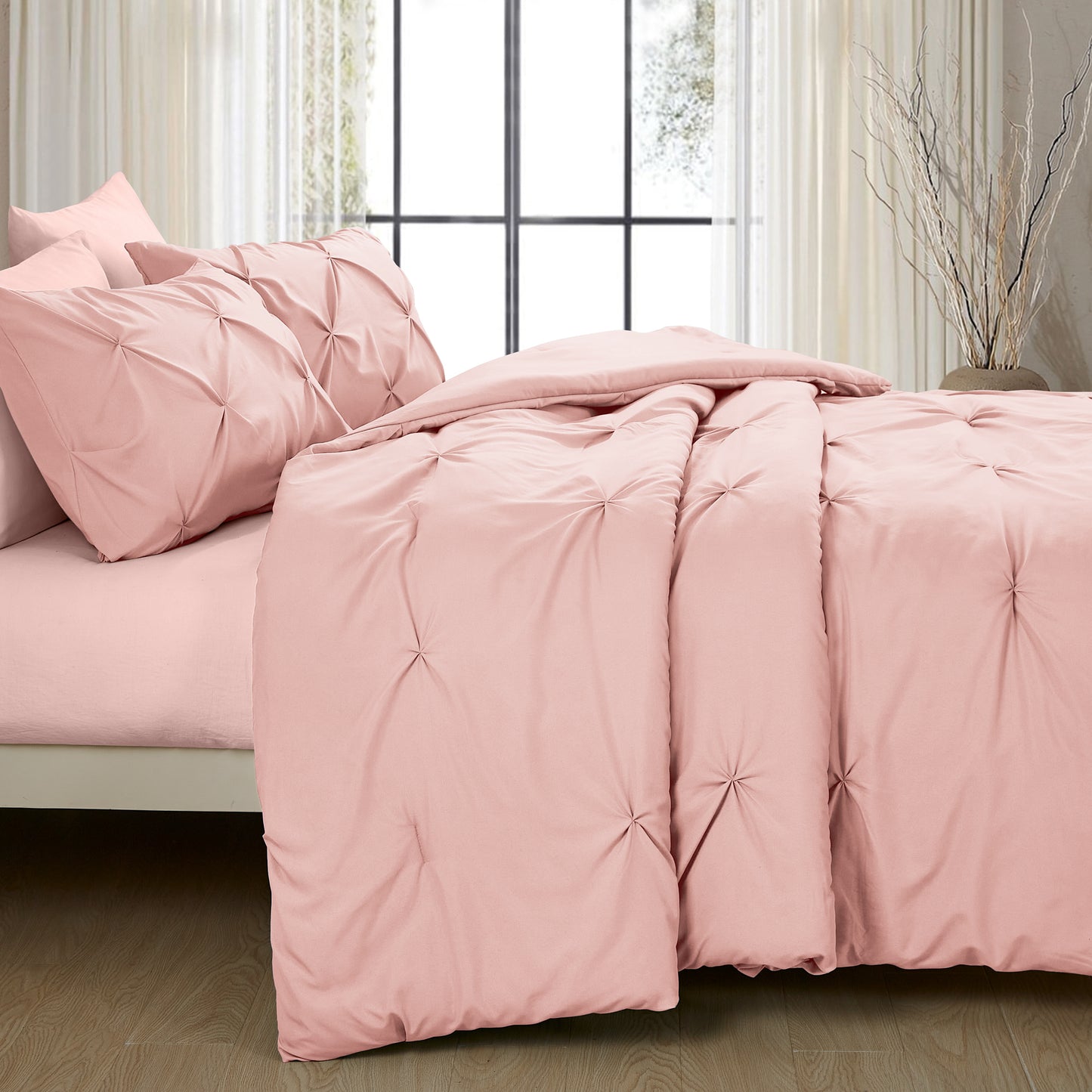 Pintuck Soft Luxury Fluffy Goose Down Alternative Solid Geometric Tufted Bedding Pinch Pleated Comforter Set, Pink Color