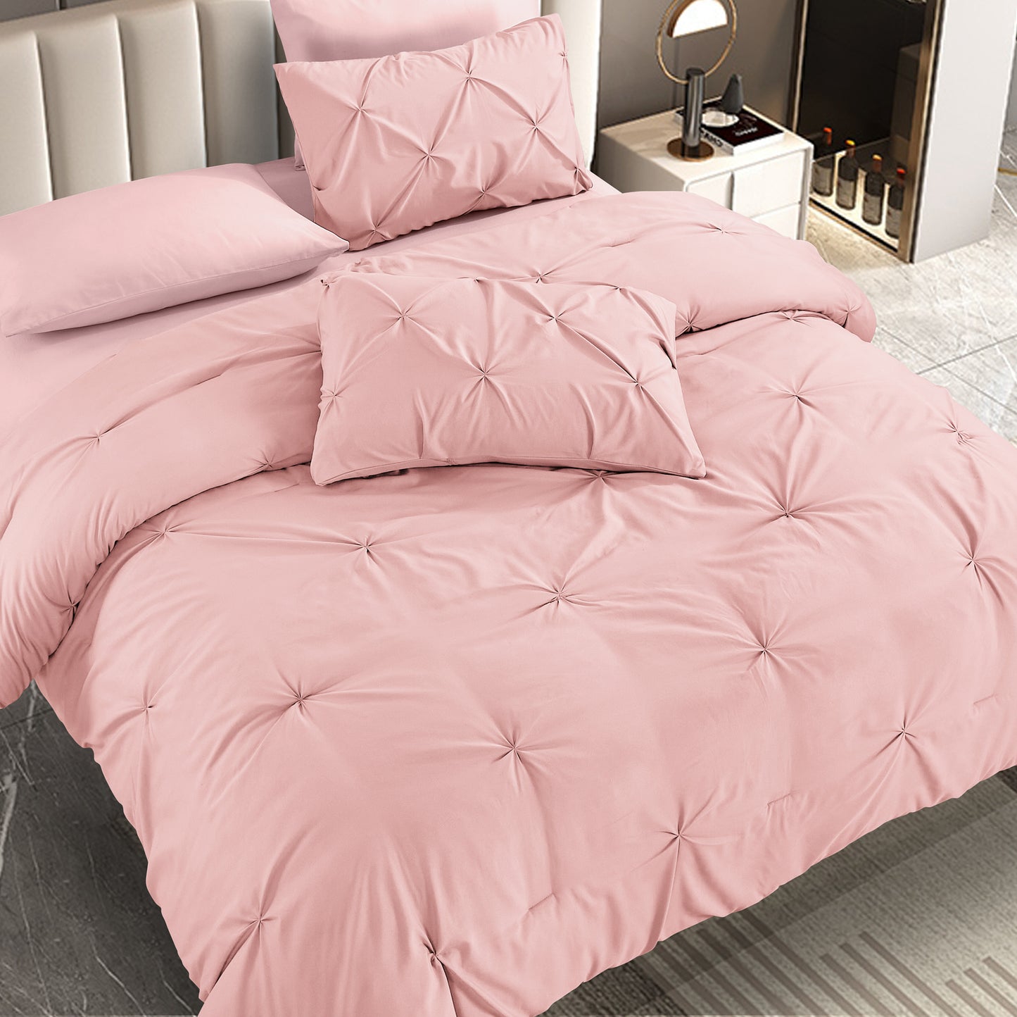 Pintuck Soft Luxury Fluffy Goose Down Alternative Solid Geometric Tufted Bedding Pinch Pleated Comforter Set, Pink Color